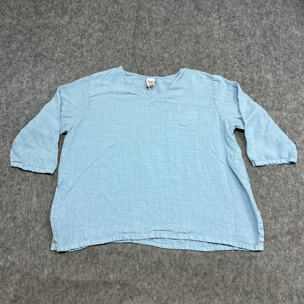 Match Point Blouse Womens L Blue Linen 3/4 Sleeve V Neck Tunic Top Casual